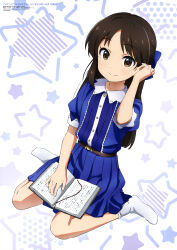 Rule 34 | 1girl, absurdres, belt, blue bow, blue dress, book, bow, brown eyes, brown hair, dress, hair bow, highres, idolmaster, idolmaster cinderella girls, idolmaster cinderella girls u149, igawa norie, legs, long hair, looking at viewer, official art, simple background, sitting, smile, socks, solo, star (symbol), starry background, tachibana arisu, wariza, white background, white socks