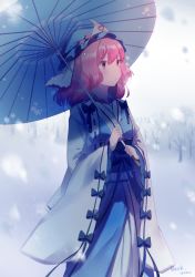 Rule 34 | 1girl, baozishark, blue hat, blue kimono, chinese commentary, commentary request, dated, hat, highres, holding, holding umbrella, japanese clothes, kimono, long sleeves, looking to the side, mob cap, oil-paper umbrella, outdoors, pink eyes, pink hair, ribbon trim, saigyouji yuyuko, snow, snowing, solo, standing, touhou, tree, triangular headpiece, umbrella, wide sleeves, winter