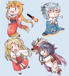 Rule 34 | 4girls, :o, puff of air, black gloves, black hair, blonde hair, blue hair, blush, chibi, commentary request, conte di cavour (kancolle), corrupted twitter file, cup, floral print, fur collar, gloves, grey background, hair flaps, hair ribbon, hakama, headgear, highres, holding, holding cup, i-203 (kancolle), japanese clothes, kantai collection, kimono, lion dance, long hair, miko, multiple girls, nagato (kancolle), official alternate costume, open mouth, parted lips, poipoi purin, red hakama, ribbon, scarf, shishimai, simple background, smile, white gloves, white scarf, wide sleeves, yuudachi (kancolle), yuudachi kai ni (kancolle)