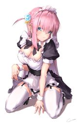 Rule 34 | absurdres, apron, black dress, black ribbon, blue eyes, blush, bocchi the rock!, breasts, cleavage, cube hair ornament, dress, garter straps, gotoh hitori, hair between eyes, hair ornament, hair over eyes, highres, large breasts, long hair, looking at viewer, maid, maid apron, maid headdress, pink hair, puffy sleeves, ribbon, simple background, skirt, thighhighs, waist apron, white thighhighs, wrist cuffs, yo na