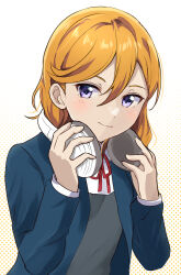 Rule 34 | 1girl, absurdres, blue jacket, blush, closed mouth, commentary request, dress, grey dress, hair between eyes, headphones, headphones around neck, highres, jacket, kiruto (artar 12), long sleeves, looking at viewer, love live!, love live! superstar!!, neck ribbon, open clothes, open jacket, orange hair, purple eyes, red ribbon, ribbon, school uniform, shibuya kanon, shirt, solo, upper body, white background, white shirt, winter uniform, yuigaoka school uniform