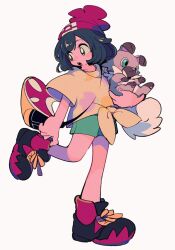 Rule 34 | 1girl, :o, absurdres, bag, beanie, black hair, boots, commentary request, creatures (company), floral print, game freak, gen 7 pokemon, green shorts, hat, highres, holding, holding pokemon, leg up, looking back, nintendo, ok ko19, open mouth, pokemon, pokemon (creature), pokemon sm, rockruff, selene (pokemon), shirt, short shorts, short sleeves, shorts, shoulder bag, simple background, standing, standing on one leg, t-shirt, teeth, tied shirt, tongue, upper teeth only, white background, yellow shirt
