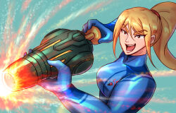 1girl blonde_hair blue_bodysuit blue_eyes bodysuit breasts cannon collarbone crazy_smile eyelashes female_focus hair_between_eyes high_ponytail holding_cannon large_breasts long_hair metroid mole mole_under_mouth muscular_arms neck nintendo open_mouth ponytail print_bodysuit samus_aran sidelocks skin_tight smile swept_bangs thick_eyebrows turtleneck turtleneck_bodysuit upper_body v-shaped_eyebrows wakaba_(wata_ridley) what zero_suit