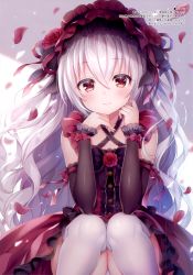 Rule 34 | 1girl, absurdres, arm warmers, blush, buttons, closed mouth, criss-cross halter, detached sleeves, dress, frills, halterneck, head rest, headdress, highres, long hair, looking at viewer, mitsuba choco, original, panties, pantyshot, petals, purple dress, red eyes, scan, shiny clothes, shiny skin, simple background, sitting, smile, solo, thighhighs, underwear, white hair, white panties, white thighhighs