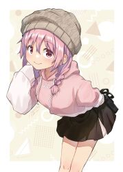 Rule 34 | 1girl, alternate costume, alternate hairstyle, arm behind back, asukaru (magika ru), bag, bare legs, beanie, bent over, black bag, border, braid, brown skirt, cable knit, circle, closed mouth, cowboy shot, dated, diagonal stripes, drawstring, hair behind ear, hair between eyes, halftone, halftone background, hand to own mouth, hand up, happy, hat, highres, holding, holding bag, hood, hood down, hoodie, kaname madoka, legs together, light blush, looking at viewer, looking up, low twin braids, mahou shoujo madoka magica, mahou shoujo madoka magica (anime), pink eyes, pink hoodie, polka dot, polka dot background, polka dot skirt, ribbon print, school bag, shoulder bag, side slit, sidelocks, signature, simple background, skirt, sleeves past fingers, sleeves past wrists, smile, solo, striped, striped background, tareme, triangle, twin braids, white border, yellow background