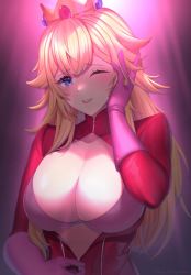 Rule 34 | 1girl, artist name, black background, blonde hair, blue eyes, blush, bodysuit, bra, breasts, character name, cleavage, collarbone, cosplay, covered collarbone, crown, eyelashes, floral print, full-length zipper, gloves, hand to head, highres, large breasts, lips, long hair, looking at viewer, mario (series), nintendo, one eye closed, parted lips, persona, persona 5, pink background, pink gloves, princess peach, print bra, purple bra, red bodysuit, saiwoproject, solo, super mario bros. 1, takamaki anne, takamaki anne (cosplay), thick eyebrows, turtleneck, underwear, unzipping, upper body, zipper, zipper pull tab