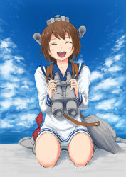 Rule 34 | 10s, 1girl, beach, binoculars, brown hair, cannon, cloud, day, dress, closed eyes, hair ornament, kantai collection, open mouth, outdoors, panties, pantyshot, personification, sailor dress, sand, short hair, sitting, sky, smile, turret, underwear, vent arbre, white panties, yukikaze (kancolle)
