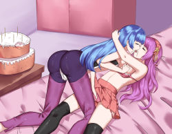 Rule 34 | 2girls, absurdres, artist request, asamiya athena, ass, bare shoulders, bed, birthday cake, blue hair, blush, bra, breasts, cake, closed eyes, fingering, foddling, food, french kiss, hairband, highres, kiss, kula diamond, long hair, multiple girls, open mouth, panties, psycho soldier, purple hair, shiny skin, sideboob, skirt, the king of fighters, thighhighs, tongue, tongue out, underwear, yuri