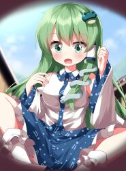 Rule 34 | 1girl, bare shoulders, blue skirt, bobby socks, breasts, clenched hand, collared shirt, commentary request, detached sleeves, frilled skirt, frills, frog hair ornament, green eyes, green hair, hair ornament, hair tubes, highres, kochiya sanae, long hair, long skirt, medium breasts, open mouth, pov, ruu (tksymkw), shirt, single hair tube, single sidelock, skirt, sleeveless, sleeveless shirt, snake hair ornament, socks, solo, spread legs, squatting, touhou, white shirt, white sleeves, white socks
