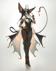 Rule 34 | 1girl, absurdres, agoto, animal ears, bat ears, bat girl, belt, black hair, breasts, cleavage, cleavage cutout, closed mouth, clothing cutout, commentary, cross, cuffs, dated commentary, earrings, english commentary, fingernails, full body, hand on own hip, helmet, high heels, highres, jewelry, large breasts, long fingernails, long hair, medium breasts, monster girl, original, red eyes, revision, sharp fingernails, slit pupils, smile, solo, standing, tail, vampire