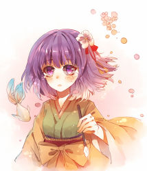 Rule 34 | 1girl, bad id, bad pixiv id, baocaizi, blush, calligraphy brush, crying, crying with eyes open, fish, flower, goldfish, hair flower, hair ornament, hieda no akyuu, highres, japanese clothes, kimono, long sleeves, looking at viewer, obi, one-hour drawing challenge, paintbrush, parted lips, purple eyes, purple hair, sash, solo, tears, touhou, upper body, wide sleeves