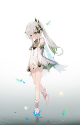 Rule 34 | 1girl, absurdres, arms behind back, blush, bracelet, capelet, colored tips, cross-shaped pupils, detached sleeves, dress, elf, full body, genshin impact, gold trim, gradient hair, green capelet, green eyes, green hair, grey hair, highres, jewelry, leaf, long hair, looking at viewer, multicolored hair, nahida (genshin impact), pointy ears, ponytail, qixia, side ponytail, sidelocks, sleeveless, sleeveless dress, socks, solo, standing, standing on one leg, symbol-shaped pupils, toeless footwear, white dress, white socks