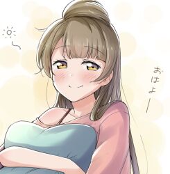 Rule 34 | 1girl, blush, closed mouth, collarbone, commentary, grey hair, highres, hugging object, long hair, looking at viewer, love live!, love live! school idol project, minami kotori, pillow, pink shirt, satisfaction-zero, shirt, smile, solo, squeans, strap, translation request, upper body, yellow eyes