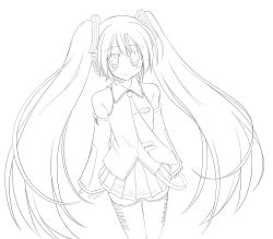 Rule 34 | detached sleeves, greyscale, hatsune miku, long hair, monochrome, mugityax, necktie, solo, thighhighs, twintails, vocaloid
