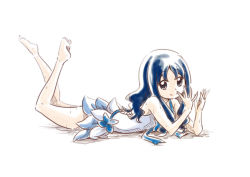 Rule 34 | 1girl, adapted costume, bare shoulders, barefoot, blue eyes, blue hair, feet, from side, heartcatch precure!, kurumi erika, long hair, looking at viewer, lying, matching hair/eyes, nita (onakatohoppe), on stomach, precure, simple background, smile, solo, swimsuit, the pose, wet, white background