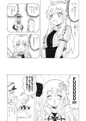 Rule 34 | +++, 10s, 2girls, :d, bismarck (kancolle), closed eyes, comic, cropped jacket, flower, garrison cap, greyscale, hair flower, hair ornament, hat, innertube, kantai collection, monochrome, multiple girls, nome (nnoommee), open mouth, ro-500 (kancolle), smile, sweat, swim ring, translated, u-511 (kancolle), waving