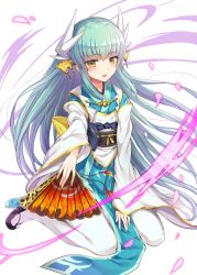 Rule 34 | 1girl, aqua hair, arm support, black footwear, commentary request, dragon girl, dragon horns, energy, fate/grand order, fate (series), folding fan, full body, hand fan, headgear, highres, holding, horns, icomochi, japanese clothes, kimono, kiyohime (fate), long sleeves, looking at viewer, obi, open mouth, pantyhose, petals, sandals, sash, short kimono, sitting, smile, solo, tabi, wariza, white pantyhose, wide sleeves, yellow eyes