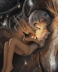 Rule 34 | 1girl, :o, absurdres, bare legs, bare shoulders, barefoot, blue bow, bow, brown eyes, commentary, crumbles, dutch angle, english commentary, grass, grey hair, hair between eyes, hair bow, hat, highres, jack-o&#039;-lantern, looking at viewer, lying, medium hair, naked shirt, on back, original, pumpkin, shirt, solo, witch hat