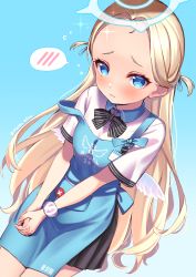 Rule 34 | 1girl, apron, black bow, black skirt, blonde hair, blue apron, blue archive, blue eyes, blush, bow, dutch angle, embarrassed, flying sweatdrops, forehead, half updo, halo, highres, long hair, looking at viewer, mini wings, miniskirt, own hands together, piano-alice, pleated skirt, shirt, short eyebrows, short sleeves, skirt, solo, sora (blue archive), sparkle, spoken blush, strap slip, v arms, very long hair, white shirt, wings
