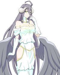 Rule 34 | 1girl, ahoge, albedo (overlord), bare shoulders, black hair, black wings, breasts, cleavage, closed mouth, demon girl, demon horns, dress, elbow gloves, feathered wings, finger to mouth, gloves, hip vent, horns, large breasts, long hair, looking away, mamiyama, overlord (maruyama), smile, solo, very long hair, white background, white dress, white gloves, wings, yellow eyes