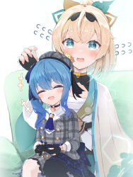 Rule 34 | 2girls, aged down, black hairband, blonde hair, blue eyes, blue hair, blue nails, blue ribbon, blush, child, closed eyes, controller, dress, fingerless gloves, flying sweatdrops, game controller, gloves, grey dress, grey headwear, hairband, haori, highres, holding, holding controller, hololive, hoshimachi suisei, hoshimachi suisei (1st costume), japanese clothes, kazama iroha, long hair, long sleeves, multiple girls, open mouth, pink nails, plaid, plaid dress, playing games, ponytail, ribbon, side ponytail, sidelocks, single thighhigh, sitting, sitting on lap, sitting on person, smile, thighhighs, trembling, virtual youtuber, yasei no nora