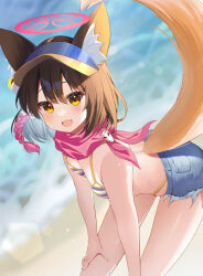 Rule 34 | 1girl, animal ear fluff, animal ears, bikini, blue archive, blue bikini, blue shorts, blurry, blurry background, blush, breasts, brown hair, commentary request, denim, denim shorts, double-parted bangs, fang, fox ears, fox tail, hair between eyes, halo, hands on own thighs, highres, izuna (blue archive), izuna (swimsuit) (blue archive), leaning forward, looking at viewer, medium breasts, midriff, no.054 (adar5857), official alternate costume, open mouth, pink halo, pink scarf, rope, scarf, shimenawa, short hair, shorts, skin fang, solo, striped bikini, striped clothes, swimsuit, tail, visor cap, white stripes, yellow eyes, yellow stripes