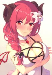 Rule 34 | 1girl, alternate costume, arms under breasts, blush, braid, breasts, cleavage, cross-laced clothes, cross-laced one-piece swimsuit, curled horns, demon girl, demon horns, demon tail, flower, hair between eyes, hair flower, hair ornament, hair tie, highres, horns, io (princess connect!), io (summer) (princess connect!), jewelry, large breasts, long hair, looking at viewer, mizuyoukan (mikususannda), pink hair, princess connect!, red eyes, side braid, smile, solo, swimsuit, tail, wet