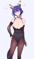 Rule 34 | 1girl, animal ears, arknights, arm at side, bare shoulders, black choker, black leotard, black pantyhose, blue hair, blush, breasts, brown gloves, ch&#039;en (arknights), choker, cleavage, closed mouth, collarbone, covered navel, dragon girl, dragon horns, dragon tail, elbow gloves, fake animal ears, feet out of frame, fingerless gloves, gloves, hand on own hip, head tilt, higata akatsuki, highres, horns, large breasts, leotard, looking at viewer, nipple slip, nipples, pantyhose, rabbit ears, red eyes, short hair, solo, standing, sweat, tail
