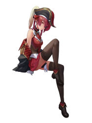 Rule 34 | 1girl, absurdres, black thighhighs, breasts, cleavage, eyepatch, full body, gloves, hair between eyes, hat, highres, hololive, houshou marine, legs, looking at viewer, mac star, medium breasts, medium hair, pirate hat, red eyes, red hair, see-through, see-through cleavage, simple background, sitting, solo, thighhighs, twintails, virtual youtuber, white background, white gloves
