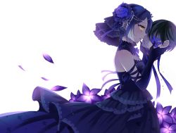 Rule 34 | 10s, 1boy, 1girl, bare shoulders, black hair, blindfold, blood, blood on face, blue dress, blue flower, blue hair, blue rose, bow, death, dress, earrings, elbow gloves, flower, gloves, guro, hair ornament, hand on another&#039;s face, hayami kanade, hetero, highres, idolmaster, idolmaster cinderella girls, jewelry, lace, light smile, looking at another, parted lips, petals, producer (idolmaster), producer (idolmaster cinderella girls anime), ribbon, rose, severed head, short hair, simple background, wemu (ivycrown), yandere, yellow eyes