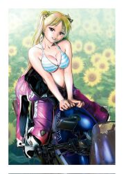 Rule 34 | 1girl, bakuon!!, bell, biker clothes, bikesuit, bikini, bikini under clothes, blonde hair, blue bikini, bodysuit, breasts, brown eyes, collarbone, floral background, flower, hair bell, hair ornament, highres, long hair, looking at viewer, motor vehicle, motorcycle, on motorcycle, own hands together, parted lips, partially undressed, pink bodysuit, sakuma masanori, sitting, solo, striped bikini, striped clothes, sunflower, suzuki (company), suzunoki rin, swimsuit, two-tone bikini, two side up, white bikini