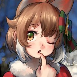 Rule 34 | 1girl, alternate costume, animal ears, blush, bow, christmas, close-up, coat, commentary request, dhole (kemono friends), dog ears, dog girl, extra ears, finger to mouth, fur trim, hair bow, kemono friends, kemono friends 3, light brown hair, multicolored hair, one eye closed, red coat, santa costume, short hair, solo, welt (kinsei koutenkyoku), white fur, white hair, yellow eyes
