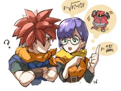 Rule 34 | 1boy, 1girl, ?, belt, chrono trigger, closed mouth, crono (chrono trigger), gato (chrono trigger), glasses, green eyes, headband, highres, lucca ashtear, open mouth, purple hair, red hair, robot, scarf, short hair, simple background, spiked hair, uzutanco, white background, wristband