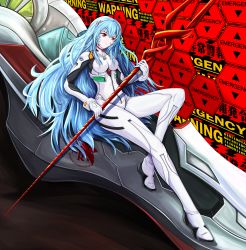 Rule 34 | 1girl, ayanami rei, bident, blue hair, bodysuit, breasts, codael, evangelion: 3.0+1.0 thrice upon a time, hairpods, highres, interface headset, lance of longinus (evangelion), long hair, medium breasts, neon genesis evangelion, nerv, pilot suit, plugsuit, polearm, rebuild of evangelion, solo, very long hair, white bodysuit