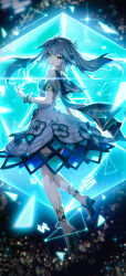 Rule 34 | 1girl, absurdres, bare shoulders, black footwear, blue hair, clothing cutout, commentary request, dress, faruzan (genshin impact), from side, full body, genshin impact, glowing, green eyes, hair ornament, high heels, highres, lengchan (fu626878068), long hair, looking at viewer, looking to the side, puffy short sleeves, puffy sleeves, shoe soles, short sleeves, shoulder cutout, solo, white dress, x hair ornament