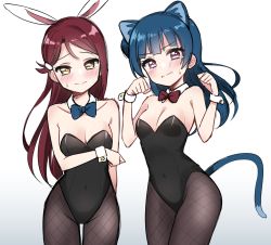 Rule 34 | 2girls, animal ears, arm at side, black legwear, black leotard, blue hair, blue neckwear, blush, bow, bowtie, breast hold, breasts, cat ears, cat tail, cleavage, clenched hand, clenched hands, clenched teeth, covered navel, cowboy shot, deadnooodles, detached collar, fake animal ears, fishnet pantyhose, fishnets, frown, hair bun, hair ornament, hairclip, hands up, highres, kittysuit, leotard, long hair, looking at viewer, love live!, love live! sunshine!!, medium breasts, multiple girls, nontraditional playboy bunny, pantyhose, playboy bunny, purple eyes, rabbit ears, red hair, red neckwear, sakurauchi riko, side bun, simple background, single side bun, sketch, strapless, strapless leotard, sweatdrop, tail, tearing up, teeth, thigh gap, tsushima yoshiko, white background, wrist cuffs, yellow eyes