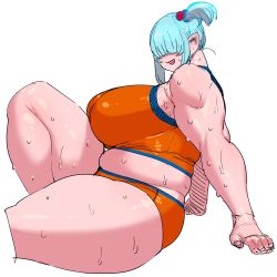 Rule 34 | 1girl, arm support, ass, blue hair, breasts, cyclops, elf-san wa yaserarenai., fang, hair ornament, hair over eyes, highres, hitome (elf-san wa yaserarenai.), huge breasts, looking at viewer, one-eyed, open mouth, plump, short hair, side ponytail, simple background, sitting, smile, solo, sweat, synecdoche, thick thighs, thighs, white background, wide hips