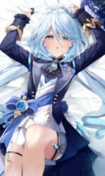 Rule 34 | 1girl, absurdres, ahoge, arm up, ascot, bed sheet, bimmy, black ascot, black gloves, blue brooch, blue eyes, blue hair, blue hat, blue jacket, blush, furina (genshin impact), genshin impact, gloves, hair between eyes, hat, heterochromia, highres, jacket, knee up, light blue hair, long hair, looking at viewer, lying, multicolored hair, on back, shorts, sidelocks, solo, streaked hair, top hat, two-tone hair, white gloves, white shorts