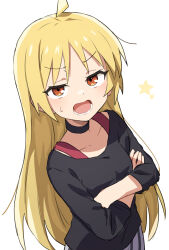 Rule 34 | 1girl, absurdres, black choker, black shirt, blonde hair, bocchi the rock!, choker, commentary request, crossed arms, gazacy (dai), highres, ijichi seika, long hair, long sleeves, looking at viewer, open mouth, red eyes, shirt, simple background, solo, star (symbol), white background