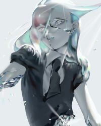 Rule 34 | 1other, amputee, aqua hair, black necktie, commentary request, cracked skin, crystal, crystal hair, damaged, deep wound, formal, from below, glint, grey background, grey eyes, grey hair, gyakumushi, hair over one eye, houseki no kuni, injury, long hair, looking at viewer, looking down, multicolored hair, necktie, original, other focus, puffy short sleeves, puffy sleeves, red hair, shards, short sleeves, simple background, solo, sparkle, streaked hair, suit, translucent hair, upper body