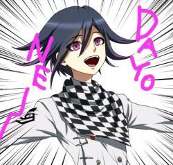 Rule 34 | 1boy, :d, black hair, buttons, checkered clothes, checkered scarf, danganronpa (series), danganronpa v3: killing harmony, dosugon, double-breasted, grey jacket, hair between eyes, jacket, long sleeves, male focus, open mouth, oma kokichi, pink eyes, scarf, short hair, smile, solo, teeth, upper teeth only