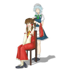 Rule 34 | 2girls, apron, ascot, bow, braid, brown eyes, brown hair, chair, chest sarashi, closed eyes, closed mouth, comb, commentary request, detached sleeves, frilled hair tubes, frills, green ascot, green bow, grey hair, hair bow, hair tubes, hakurei reimu, hand in another&#039;s hair, holding, holding comb, izayoi sakuya, long hair, maid, maid apron, maid headdress, mekahisui, multiple girls, on chair, open mouth, red bow, red skirt, ribbon-trimmed sleeves, ribbon trim, sarashi, shadow, shoes, short sleeves, sitting, skirt, skirt set, smile, socks, touhou, twin braids, waist apron, white apron, yellow ascot