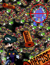 2boys artist_name black_background blue_overalls brian_thompson brown_footwear bullet character_background commentary crosshair delay_deny_defend english_commentary english_text facial_hair gameplay_mechanics gloves green_hat green_shirt gun handgun hat holding holding_gun holding_weapon jaggy_lines killing_of_brian_thompson long_sleeves looking_to_the_side luigi male_focus mario mario_(series) multiple_boys mustache name_connection nintendo outline overalls pixel_art real_life red_hat saucekye shirt shoes silhouette smoke smoke_trail super_mario_64_ds walking wario watermark weapon white_gloves white_outline yellow_hat yoshi