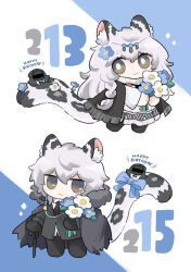 Rule 34 | 1boy, 1girl, 1other, :3, animal ear fluff, animal ears, animal print, arknights, black cape, black gloves, black jacket, black necktie, black pants, black suit, blue background, blue flower, bouquet, braid, bright pupils, cane, cape, chibi, commentary, dated, doctor (arknights), dress, flower, formal, frown, gloves, grey eyes, happy birthday, head chain, highres, holding, holding bouquet, hood, hood up, hooded jacket, jacket, jewelry, leopard boy, leopard ears, leopard print, leopard tail, long hair, mask, necktie, pants, pramanix (arknights), shirt, short hair, side braid, silverash (arknights), simple background, soppos, suit, tail, two-tone background, white background, white dress, white flower, white hair, white pupils, white shirt