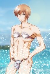 Rule 34 | &gt;:), 1boy, abs, arm at side, bikini, blurry, blurry background, brown hair, ca2la, closed mouth, collarbone, commentary request, commission, day, hand on own hip, highres, little busters!, looking at viewer, male focus, natsume kyousuke, navel, o-ring, o-ring bikini, outdoors, red eyes, shell, shell bikini, short hair, smile, solo, standing, stomach, swimsuit, the birth of venus, v-shaped eyebrows, water, water drop