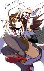 Rule 34 | 10s, 1girl, armpits, arms up, bare shoulders, brown hair, detached sleeves, double v, grey eyes, hairband, highres, kantai collection, kongou (kancolle), long hair, momo (higanbana and girl), nontraditional miko, panties, pantyshot, skirt, smile, solo, underwear, upskirt, v