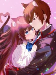 Rule 34 | 1boy, 1girl, a-chan senpai, animal ear fluff, animal ears, black jacket, blue bow, blue eyes, blue necktie, blurry, blush, bow, brown eyes, brown hair, cat boy, cat ears, cat girl, cat tail, collared shirt, commentary request, couple, depth of field, hair between eyes, hands on another&#039;s chest, heart, heart tail, hetero, highres, hug, jacket, kemonomimi mode, light particles, little busters!, little busters! school uniform, long hair, long sleeves, looking at another, miiizuno lbs, natsume kyousuke, necktie, parted lips, pink background, school uniform, shirt, short hair, simple background, tail, tareme, tsurime, white shirt