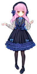Rule 34 | 1girl, arms up, black pantyhose, blue bow, blue dress, blue footwear, blue ribbon, blue vest, blush, bow, commentary request, dress, frilled dress, frills, full body, long hair, long sleeves, looking at viewer, mary janes, pantyhose, pink hair, pinstripe pattern, ribbon, shirt, shoes, simple background, smile, solo, standing, striped bow, striped ribbon, tengxiang lingnai, the sullivans (warship girls r), undershirt, vest, warship girls r, white background, white shirt, yellow eyes