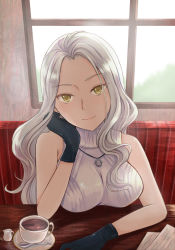 Rule 34 | 1girl, black gloves, breasts, carmilla (fate), carmilla (traveling outfit) (fate), commentary request, cup, fate/grand order, fate (series), gloves, head rest, head tilt, highres, jewelry, large breasts, long hair, looking at viewer, necklace, saucer, silver hair, sleeveless, smile, solo, spoon, table, window, yellow eyes, yumeha tseru