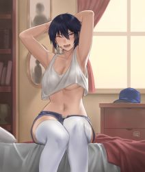 Rule 34 | 1girl, armpits, arms behind head, artist name, bandaid, bandaid on face, bare shoulders, black hair, blanket, blue hat, bookshelf, breasts, cleavage, collarbone, cowboy shot, crop top, crop top overhang, curtains, dated commentary, denim, denim shorts, fang, hair between eyes, hat, hunyan, indoors, looking at viewer, lower teeth only, navel, on bed, one eye closed, open clothes, open mouth, open shorts, original, photo (object), pillow, room, short hair, short shorts, shorts, sidelocks, sitting, solo, stomach, tank top, teeth, thighhighs, underboob, unworn hat, unworn headwear, waking up, white tank top, white thighhighs, window